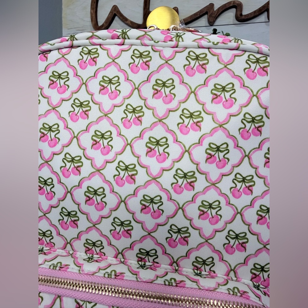 Kawaii Cherry Bow Diamond Pattern Backpack White‎ Pink Red 15”x12”x5” NWT - Picture 3 of 8